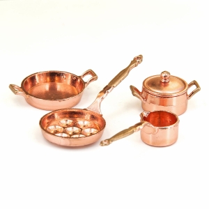 Cooking pots and frying pan, copper-plated, 4 pcs