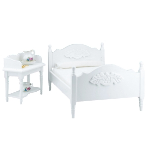 Doppelbett mit Waschtisch, weiß, mit Miniaturen